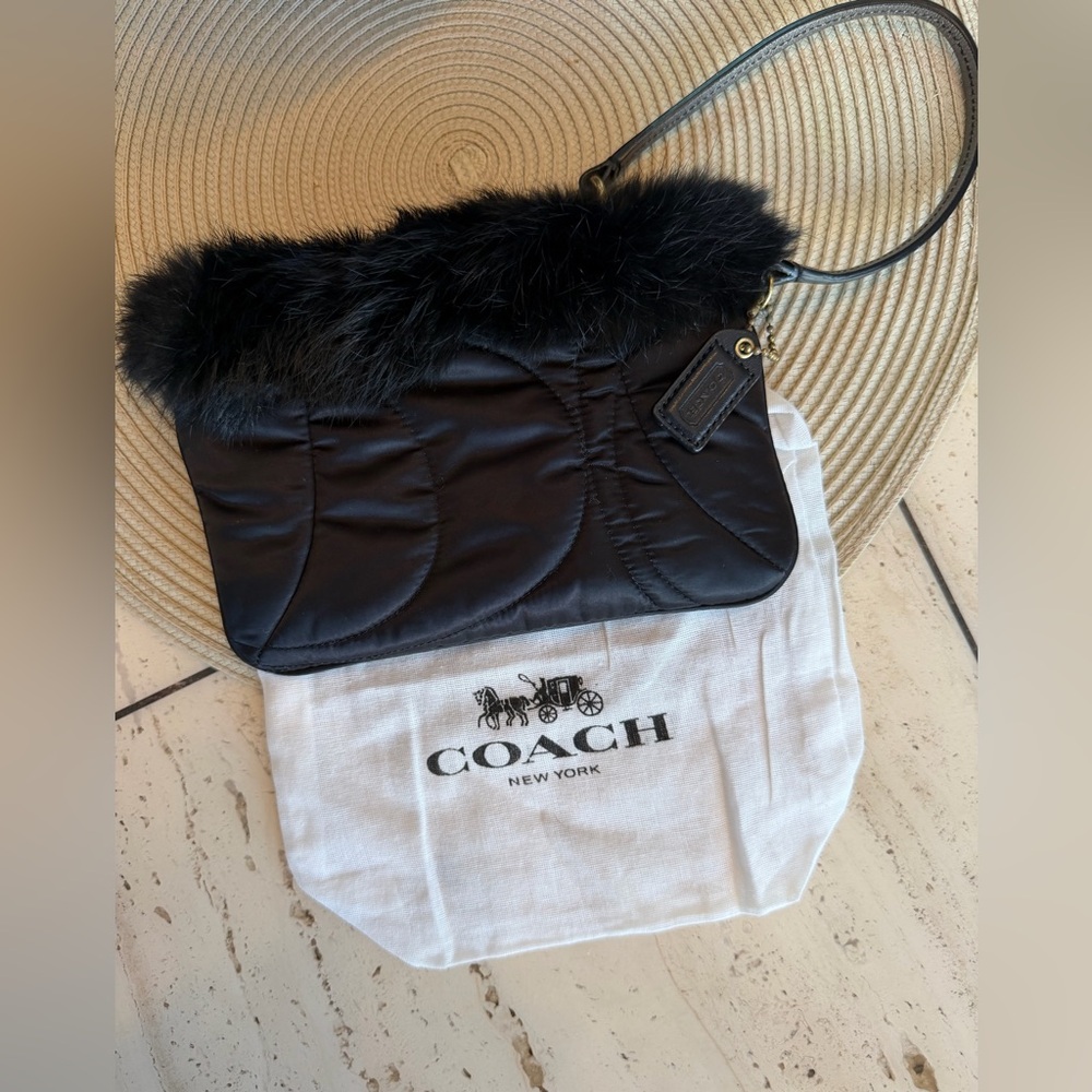 Vintage Coach Y2K Black Satin Clutch with Rabbit Fur Trim